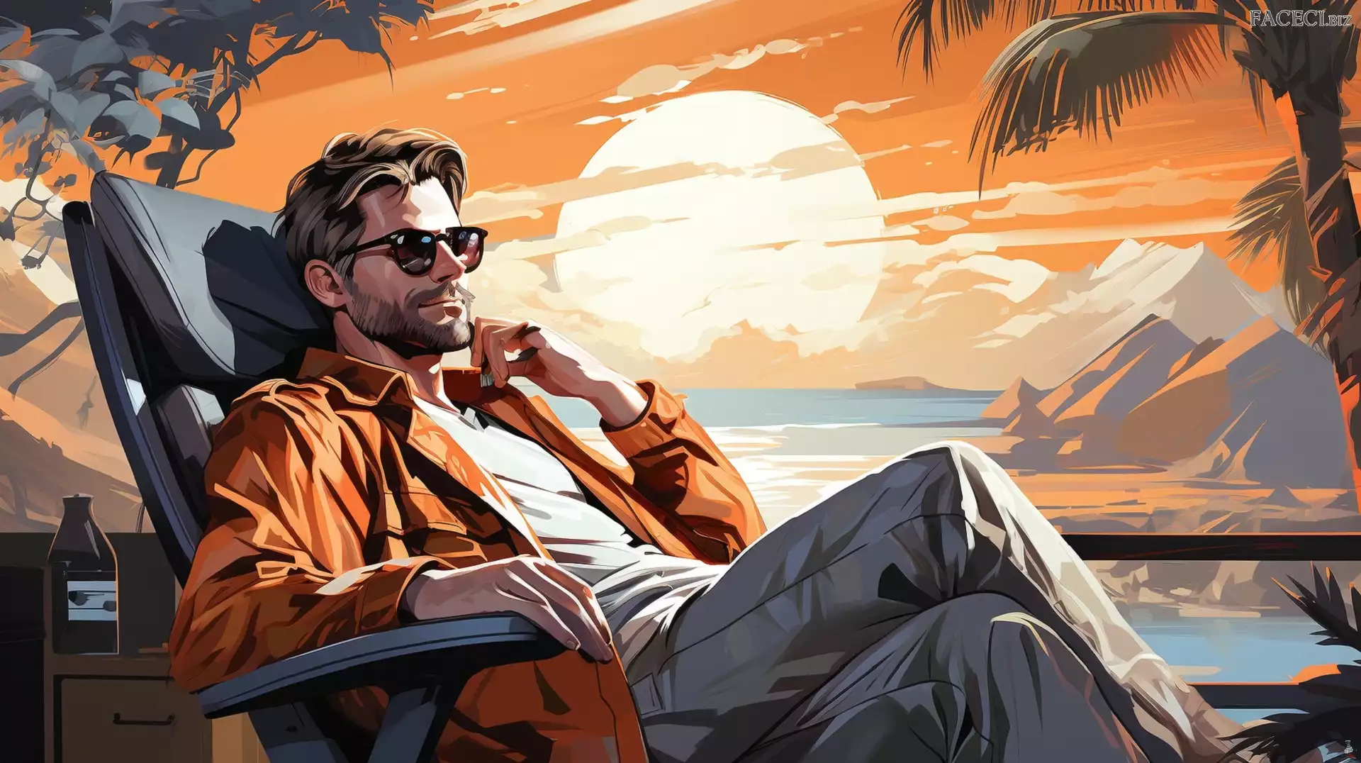 Góry, Zachód słońca, 2D, Mężczyzna, Leżak