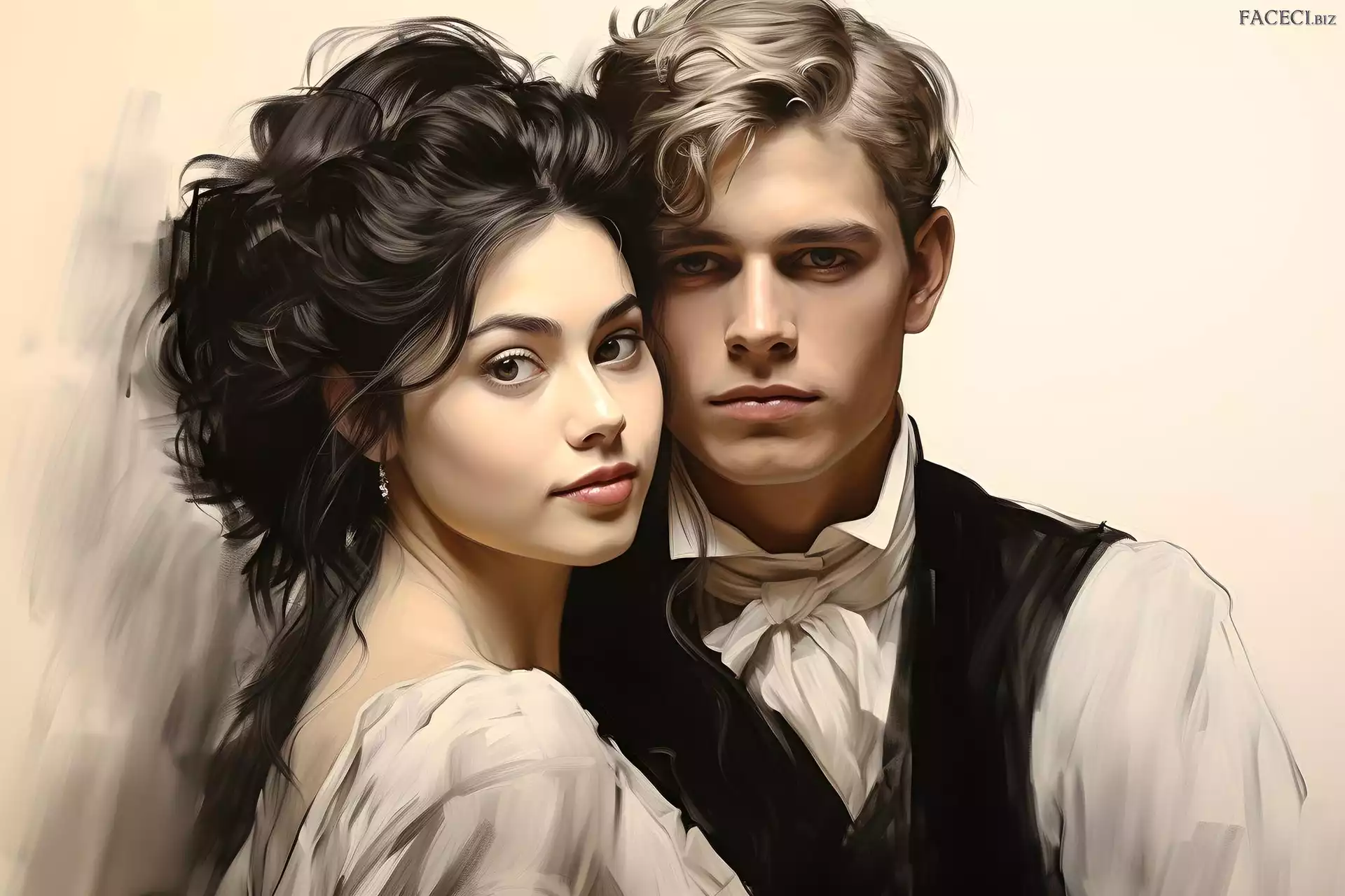 Portret, Mężczyzna, Grafika, Para, Kobieta