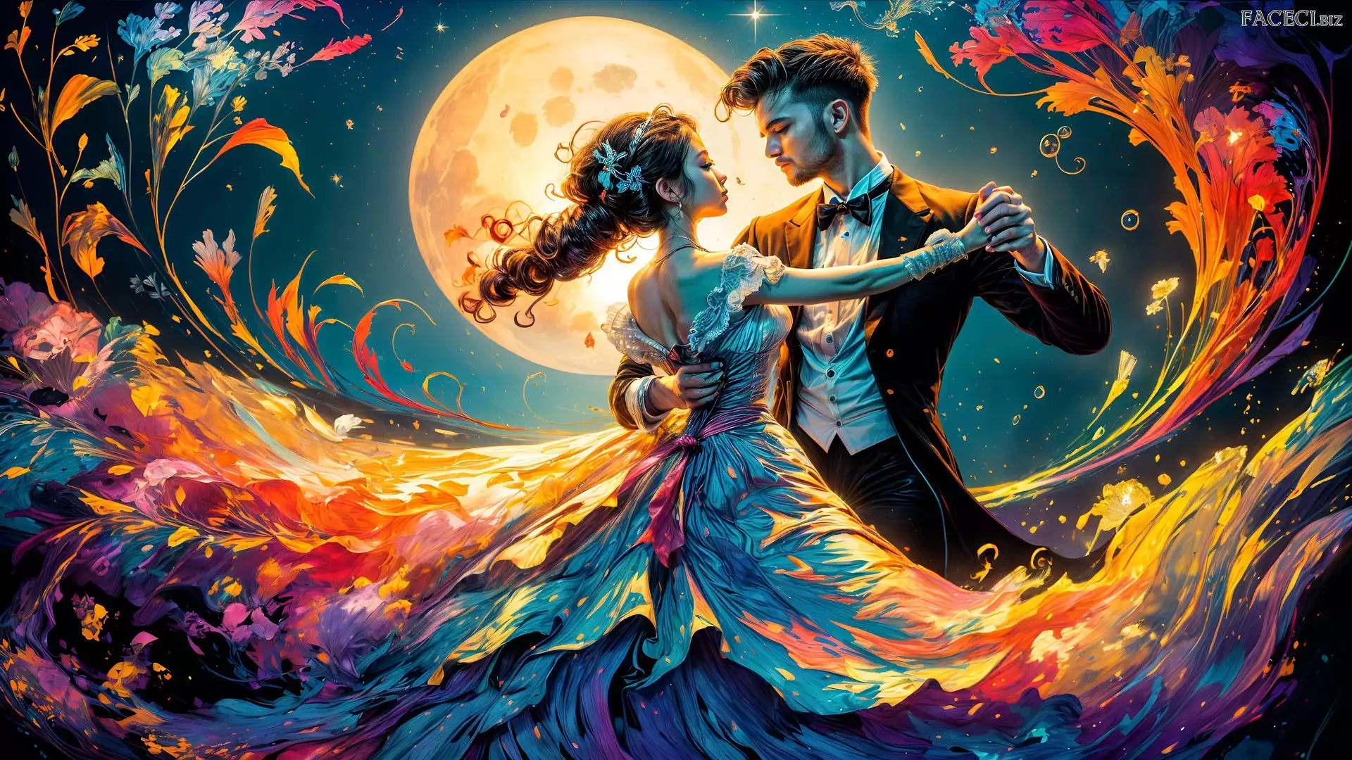 Księżyc, Taniec, Grafika, Kobieta, Mężczyzna